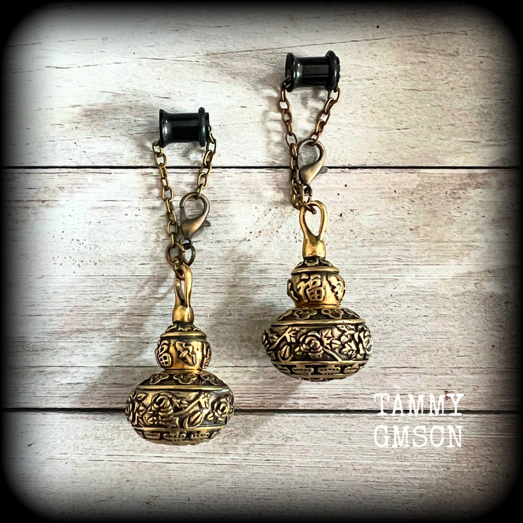 Antique bronze stash pot ear hangers-TUNNELS INCLUDED