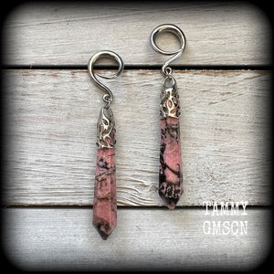 Rhodonite earrings Rhodonite jewelry Gemstone gauged earrings Gemstone ear weights 6 gauge ear weights Ear hangers Ear gauges Tunnel earrings Tunnel dangles Body jewelry Stretched ears Lobes 4mm 6mm 8mm 10mm 12mm 14mm 16mm 19mm 22mm 25mm 28mm 30mm 