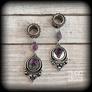 Amethyst ear weights 12mm tunnel earrings  jewelry Gemstone ear gauges Gypsy boho body jewelry Gemstone tunnel dangles Gemstone plugs Ear hangers Stretched lobes Gauged earrings Gauged ears 4mm 6mm 8mm 10mm 12mm 14mm 16mm 19mm 22mm 25mm 28mm 30mm