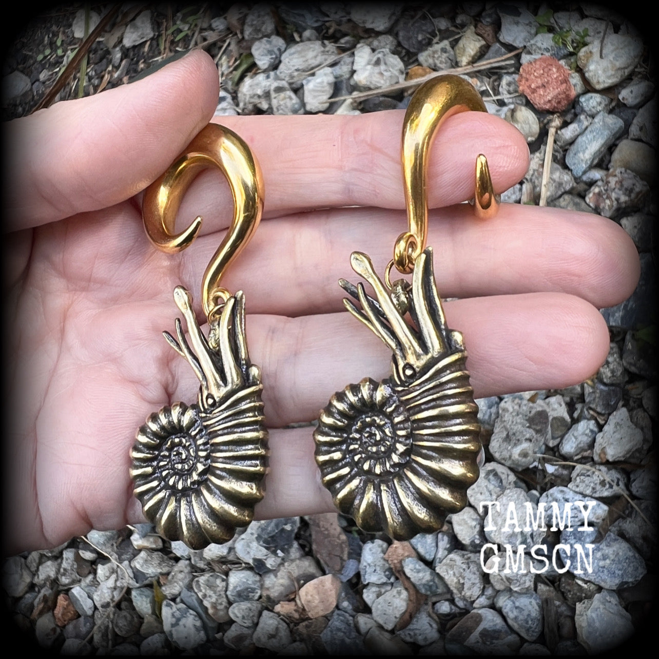 Nautilus ear weights Fossil ear weights Brass ear weights 0 gauge ear weights Gauged earrings 6g 2g 0g 00g 1/2” 9/16” 5/8” 3/4” 7/8” 1” 1.18
