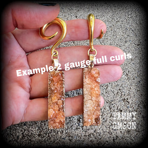 Burnt orange druzy crystal gauged earrings-Ear hangers