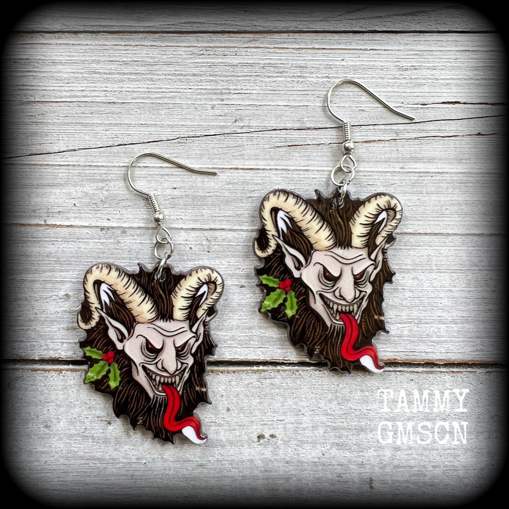 Krampus earrings Krampus earrings Christmas earrings Halloween earrings Summer solstice Yule earrings Horned god Gothic Winter solstice Pagan earrings Folklore Fairy tales Halloween jewelry Yuletide Mythology Mythological beasts Fairytales Pierced ears Tunnels Plugs