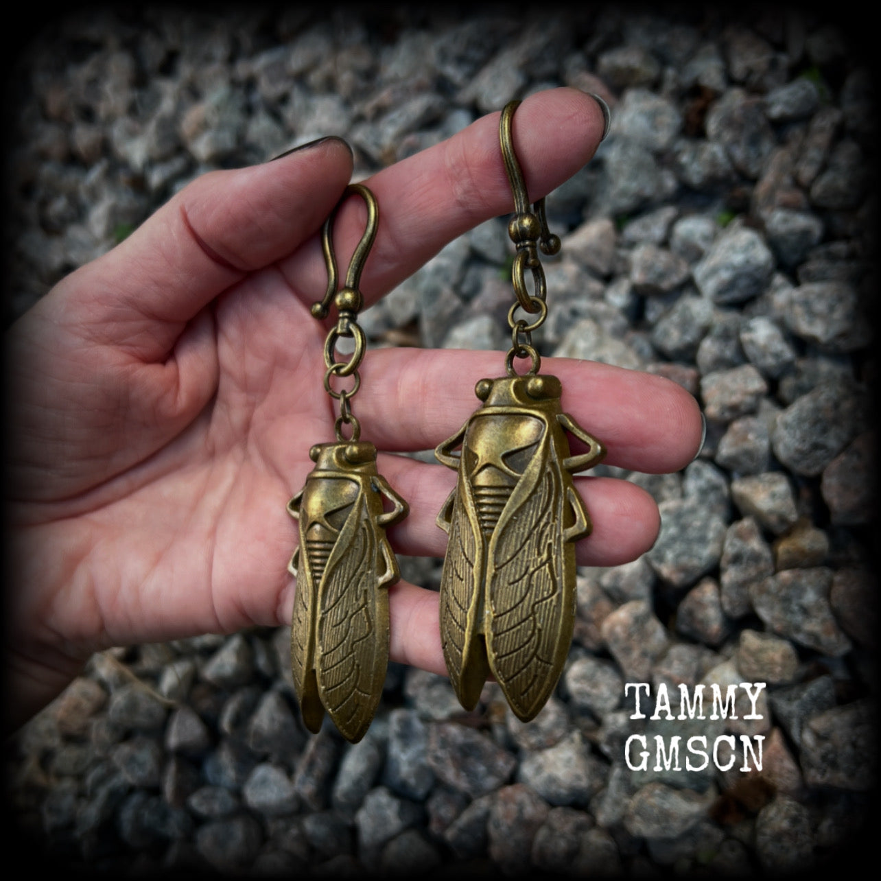 Antique bronze cicada earrings-Insect ear hangers