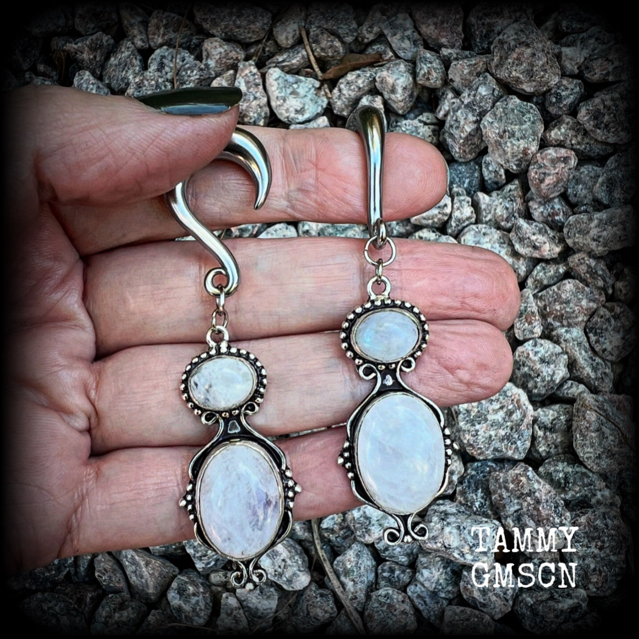 These gauged earrings have been made with gorgeous big polished Rainbow moonstone gemstones in a beautiful boho antique silver setting, measuring approx 8cms from tip to tip, and weighing approx 12 grams each, not too heavy.

These earrings have been made on 2 gauge (6mm) surgical steel half curl hooks, to be worn in stretched lobes.