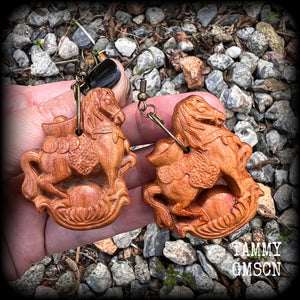 Carved wood horse earrings Chinese zodiac earrings Year of the horse Wood earrings Stretched lobes Body jewelry Pierced ears Gauges Ear hangers