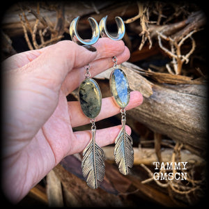 Moss jasper 19mm ear hangers Feather earrings Gauged earrings Body jewelry Goddess jewelry Gypsy boho 6g 2g 0g 00g 1/2” 9/16” 5/8” 7/8" 3/4" 1” 1.10” 1.18”  Gemstone ear hangers Earth mother Pagan Witchy ear gauges Stretched ears Ear weights Tunnels