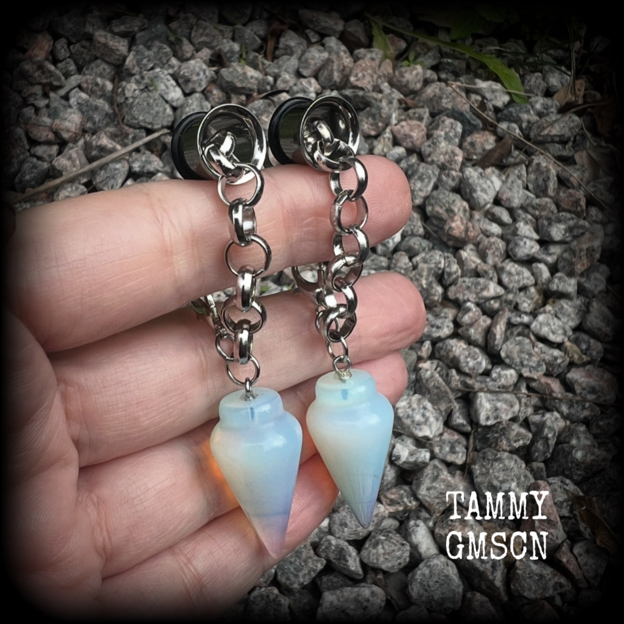 These gorgeous opalite earrings have been made with transluscent gemstone pendulums, are nice and dangly measuring in at just on 7.5cms from tip to tip and not too heavy at 11 grams a piece.

🔥🔥🔥 This listing is for a chunky chain/lobster clasp combination suitable for 00 gauge and larger. If you choose a smaller size of tunnel than 00 gauge we will make these on a smaller chain.

💥This listing includes one pair of surgical steel single flared O-ring earlets