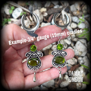 Peridot gauged earrings-Boho ear weights