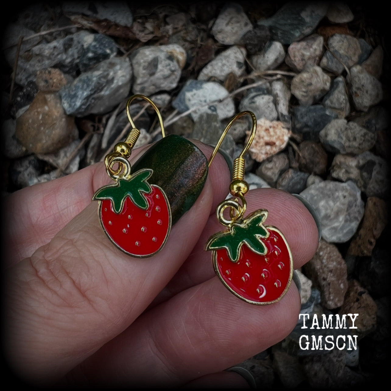 These adorable earrings feature a cute little antique gold strawberry charm. Measuring just under 4cms from tip to tip, these earrings are lovely and lightweight at only a few grams each. This pair have been made on antique gold french hooks.