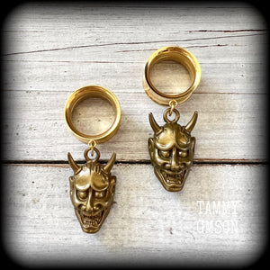 Brass hannya tunnel earrings-Japanese earrings