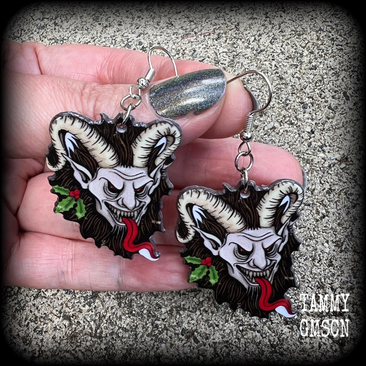 Krampus jewelry Krampus earrings Christmas earrings Halloween earrings Summer solstice Yule earrings Horned god Gothic Winter solstice Pagan earrings Folklore Fairy tales Halloween jewelry Yuletide Mythology Mythological beasts Fairytales Pierced ears Tunnels Plugs