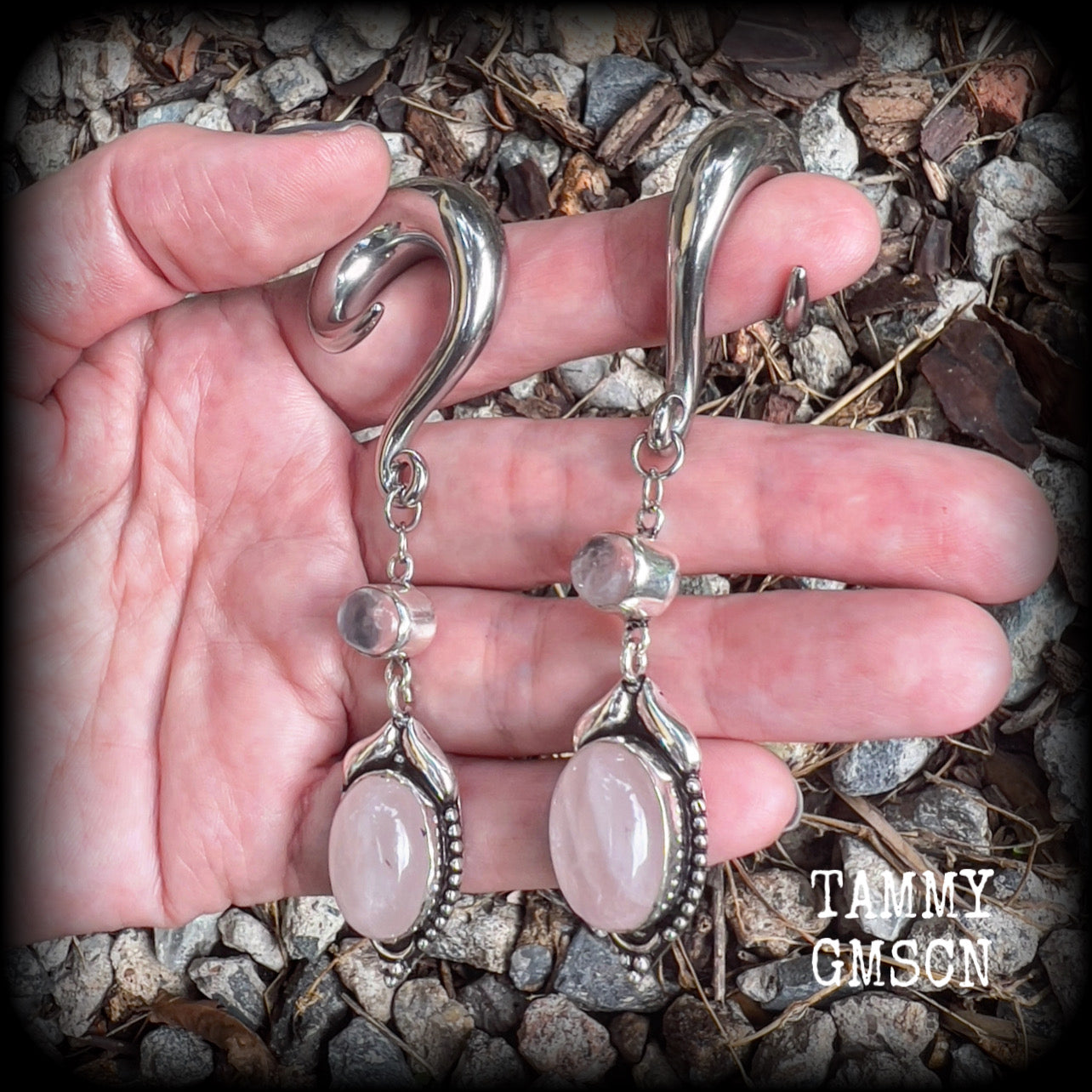 Rose quartz gauged earrings-Gemstone hangers