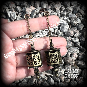 These gorgeous earrings feature an antique bronze Japanese lantern, are nice and big, measuring just on 8.5cms from tip to tip, and weigh approx 15 grams each.

💥This listing includes one pair of surgical steel single flared O-ring earlets

