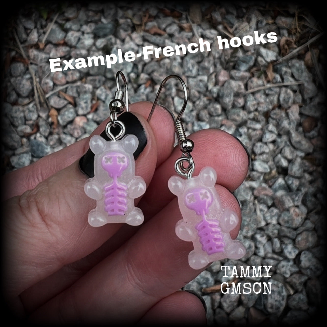 Featuring spooky cute pink skeleton gummy bears, these adorable earrings measure just on 5cms from tip to tip and are super light weight, weighing only a gram or two each.

This pair has been made with stainless steel french hooks, to be worn in pierced ears.