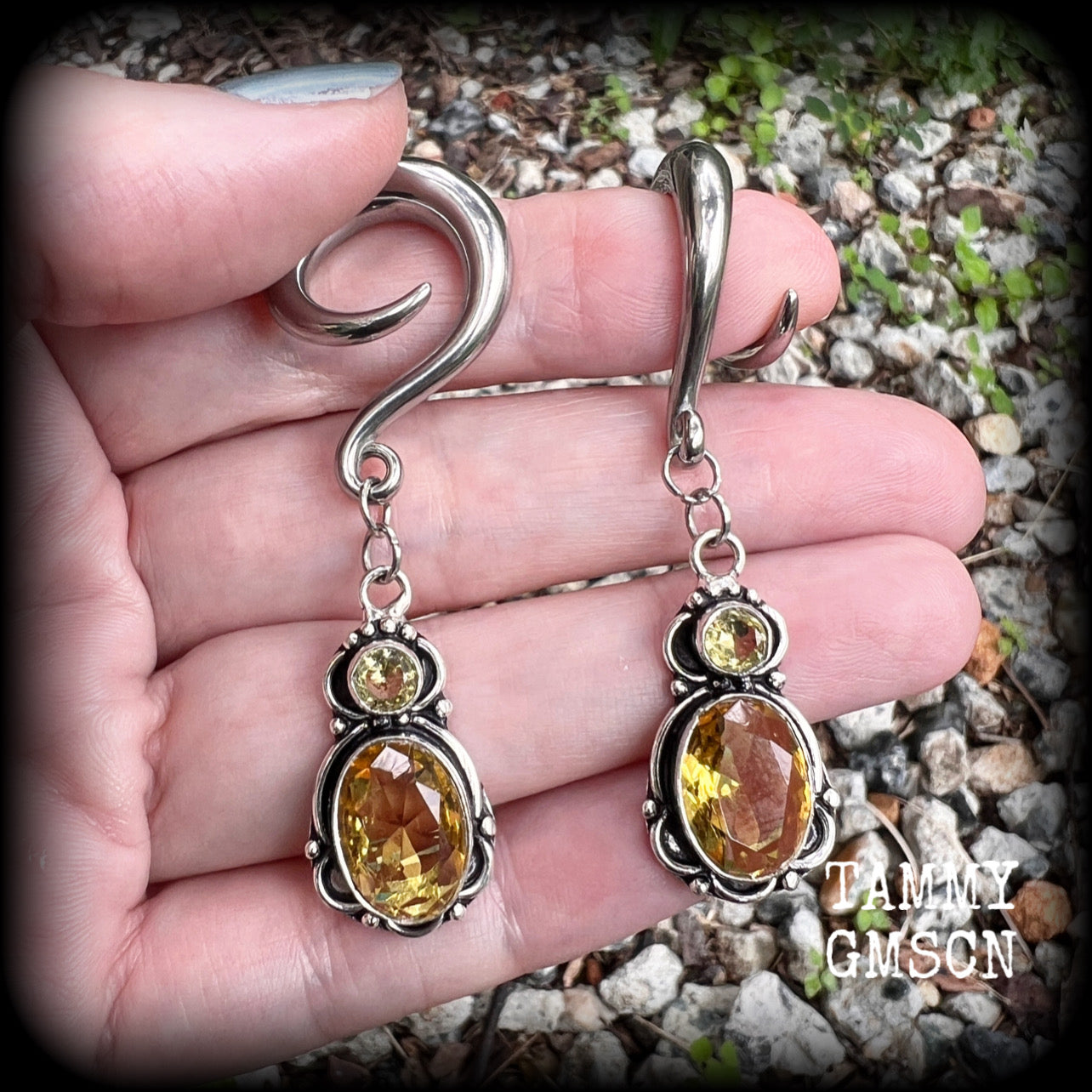 Yellow citrine ear hangers Gemstone ear weights Gauged earrings Ear jewelry Stretched lobes