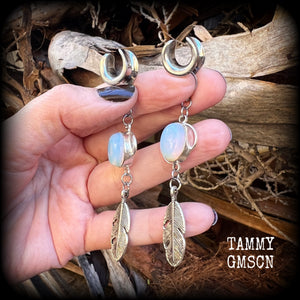 Opalite ear hangers Feather ear weights Gauged earrings Body jewelry Goddess jewelry Gypsy boho 6g 2g 0g 00g 1/2” 9/16” 5/8” 3/4" 7/8" 1” 1.10” 1.18” Stretched ears Stretched lobes Gauged ears Spiral goddess Gemstone ear weights Wicca Pagan earrings