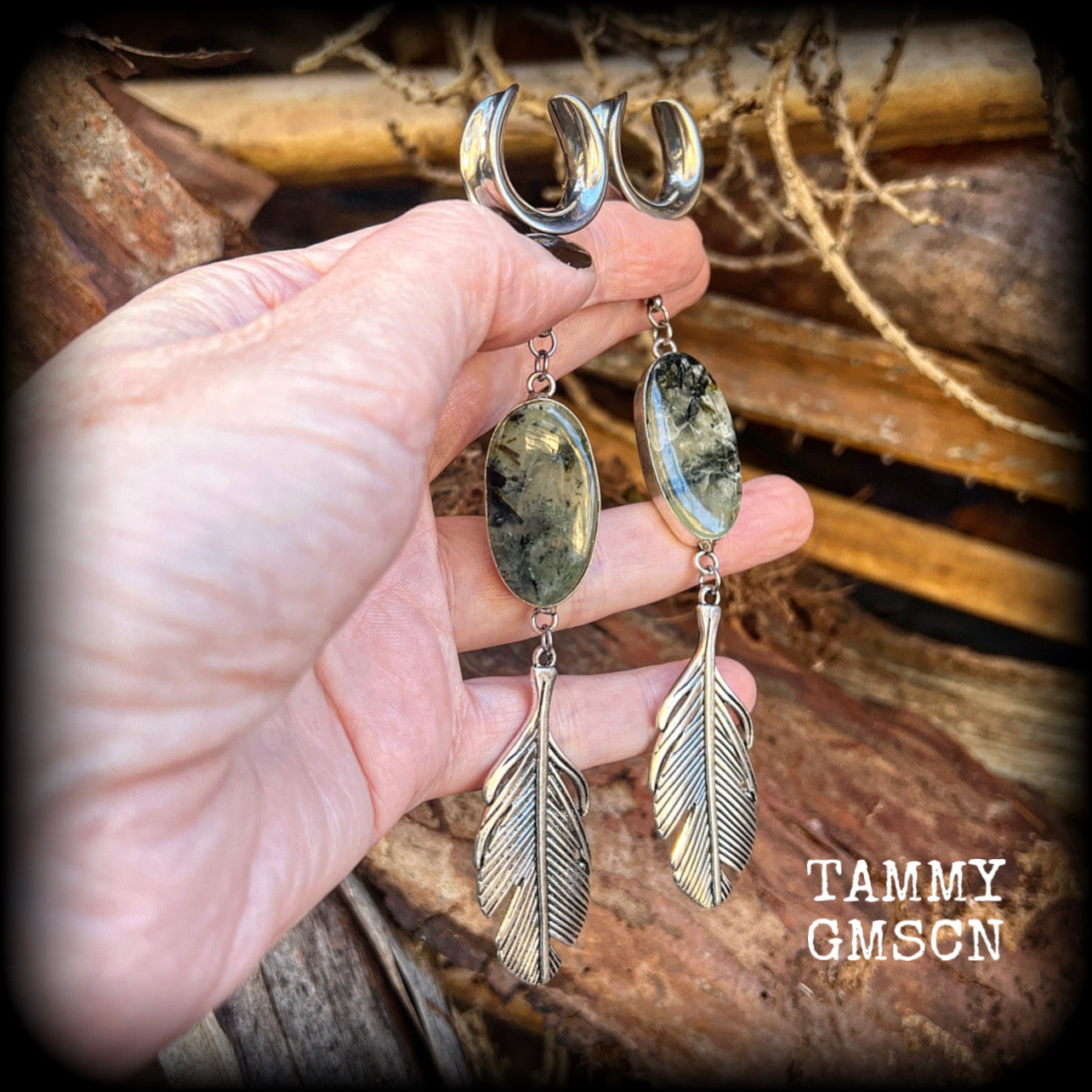 Moss jasper 19mm ear hangers Feather earrings Gauged earrings Body jewelry Goddess jewelry Gypsy boho 6g 2g 0g 00g 1/2” 9/16” 5/8” 7/8" 3/4" 1” 1.10” 1.18”  Gemstone ear hangers Earth mother Pagan Witchy ear gauges Stretched ears Ear weights Tunnels