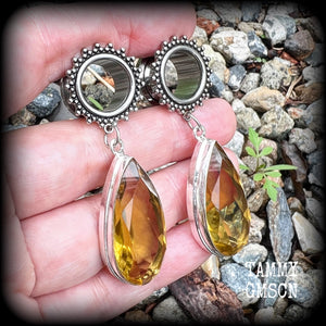 Ornate gemstone teardrop tunnels-Citrine earrings