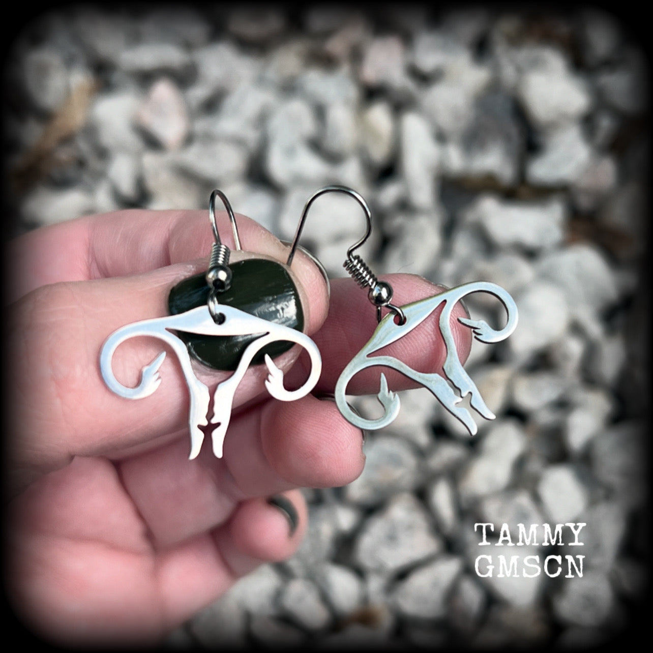 These amazing earrings feature offensive stainless steel female reproductive organs giving the middle finger! Nice and lightweight, weighing only a few grams each, these earrings measure approx 3.5cms from tip to tip.

This pair have been made on stainless steel french hooks, for pierced ears.