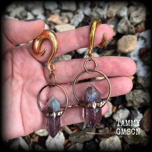 Fluorite gauged earrings-Gemstone ear weights