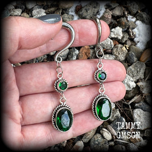 Emerald green gemstone gauged earrings-Boho earrings