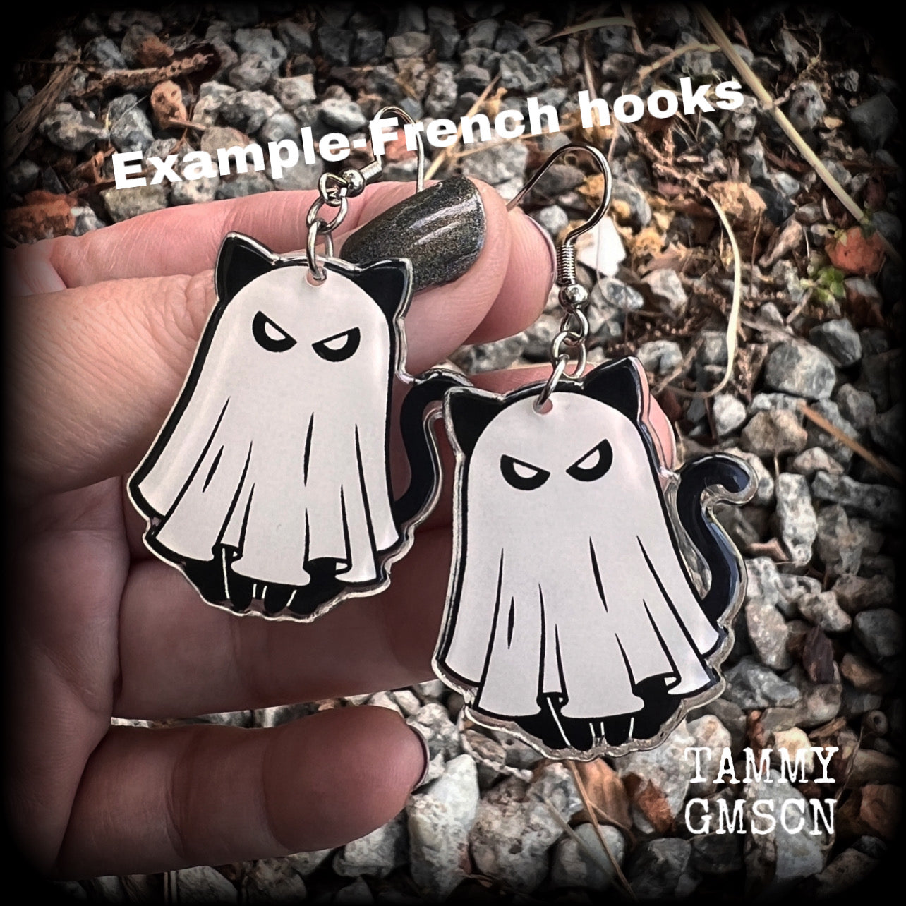 Ghost cat earrings Supernatural kitty earrings Crazy cat lady earrings cat jewellery Halloween earrings Gauged earrings Pierced ears Ear gauges Los Muertos earrings Day of the Dead earrings Samhain earrings Samhain jewelry Witches cat Spectre