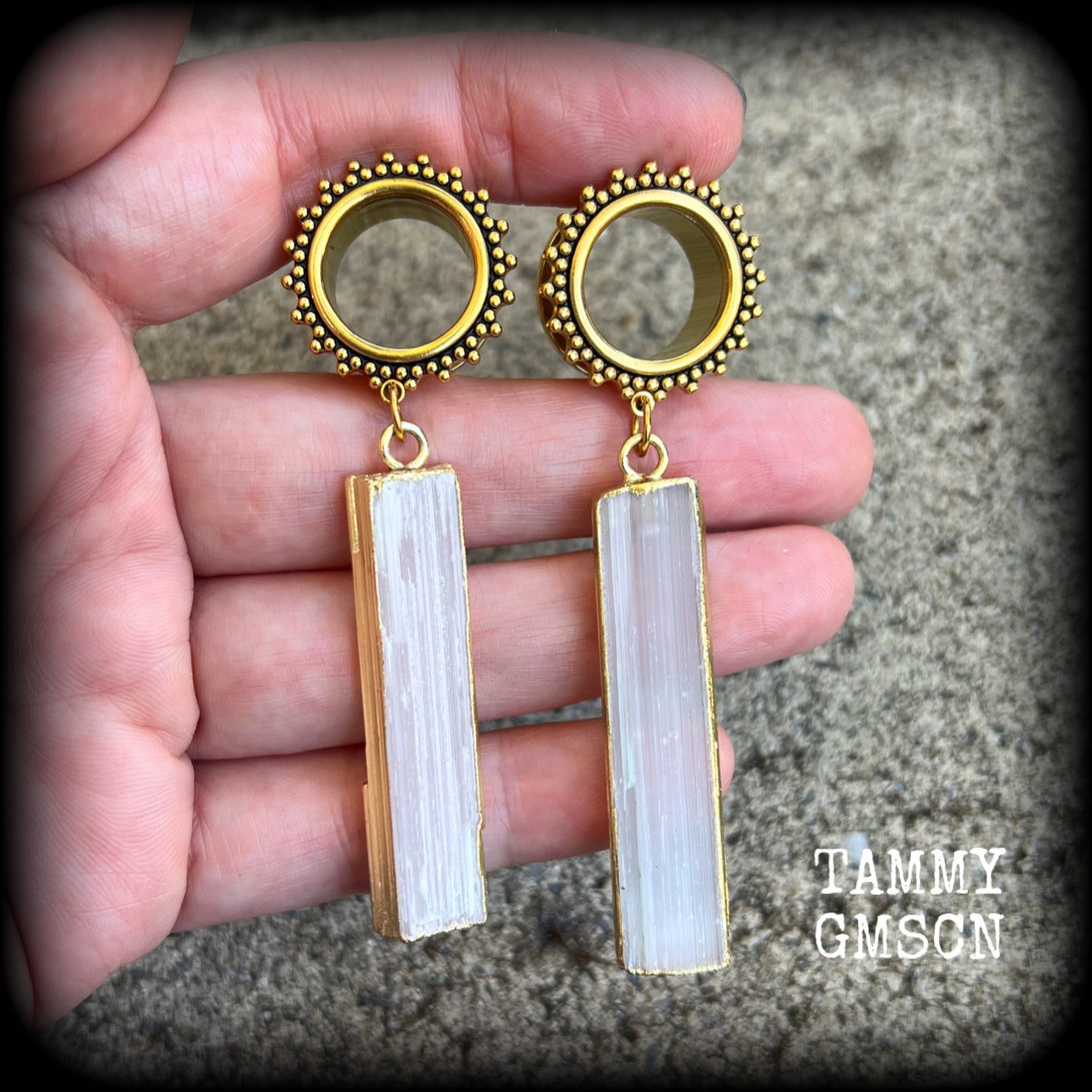 Ornate Selenite tunnels-Boho gemstone tunnel earrings