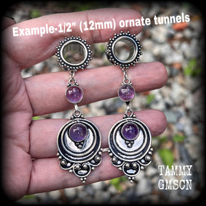 Amethyst ear weights 12mm tunnel earrings  jewelry Gemstone ear gauges Gypsy boho body jewelry Gemstone tunnel dangles Gemstone plugs Ear hangers Stretched lobes Gauged earrings Gauged ears 4mm 6mm 8mm 10mm 12mm 14mm 16mm 19mm 22mm 25mm 28mm 30mm