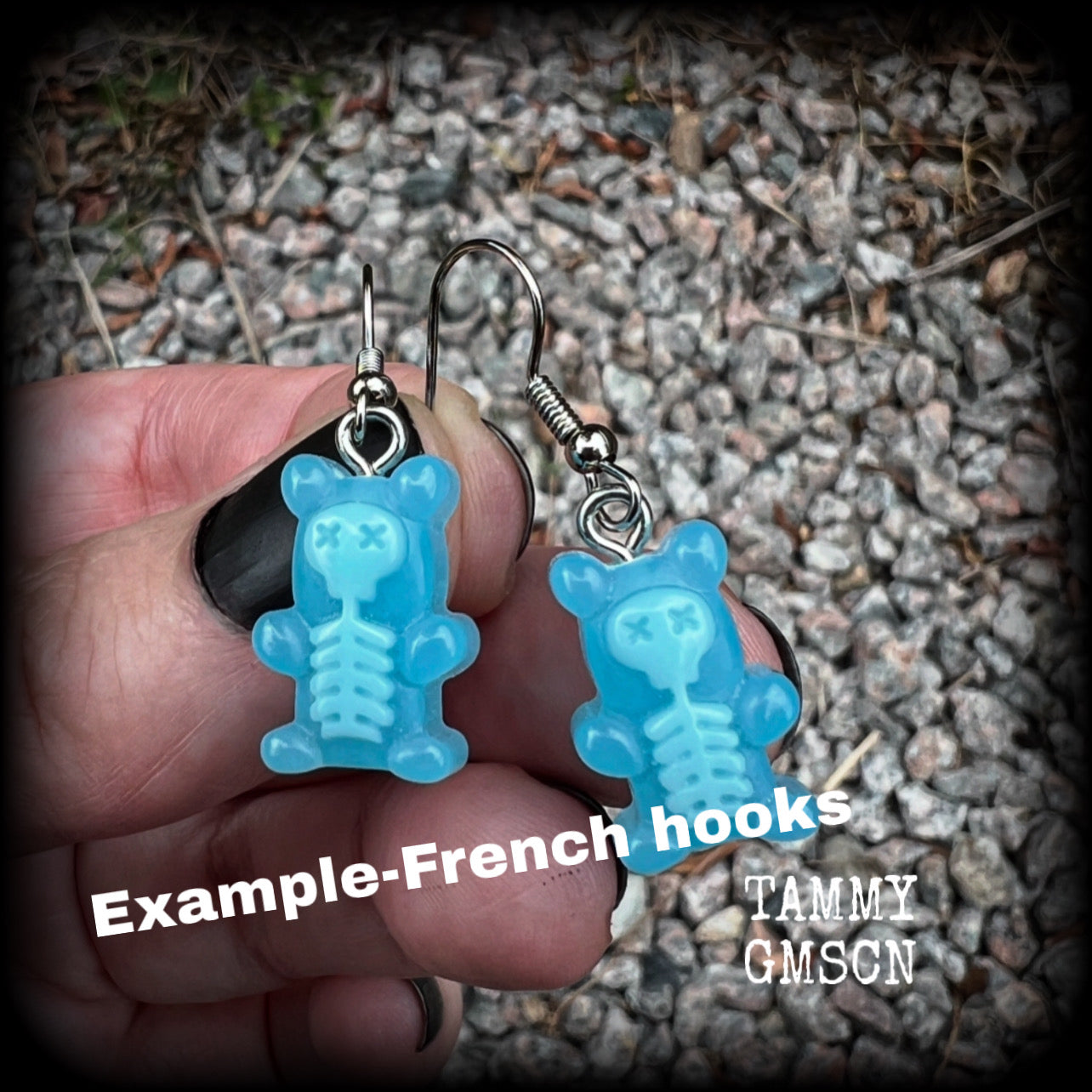 Featuring spooky cute blue skeleton gummy bears, these adorable earrings measure just on 5cms from tip to tip and are super light weight, weighing only a gram or two each.

This pair has been made with stainless steel french hooks, to be worn in pierced ears.
