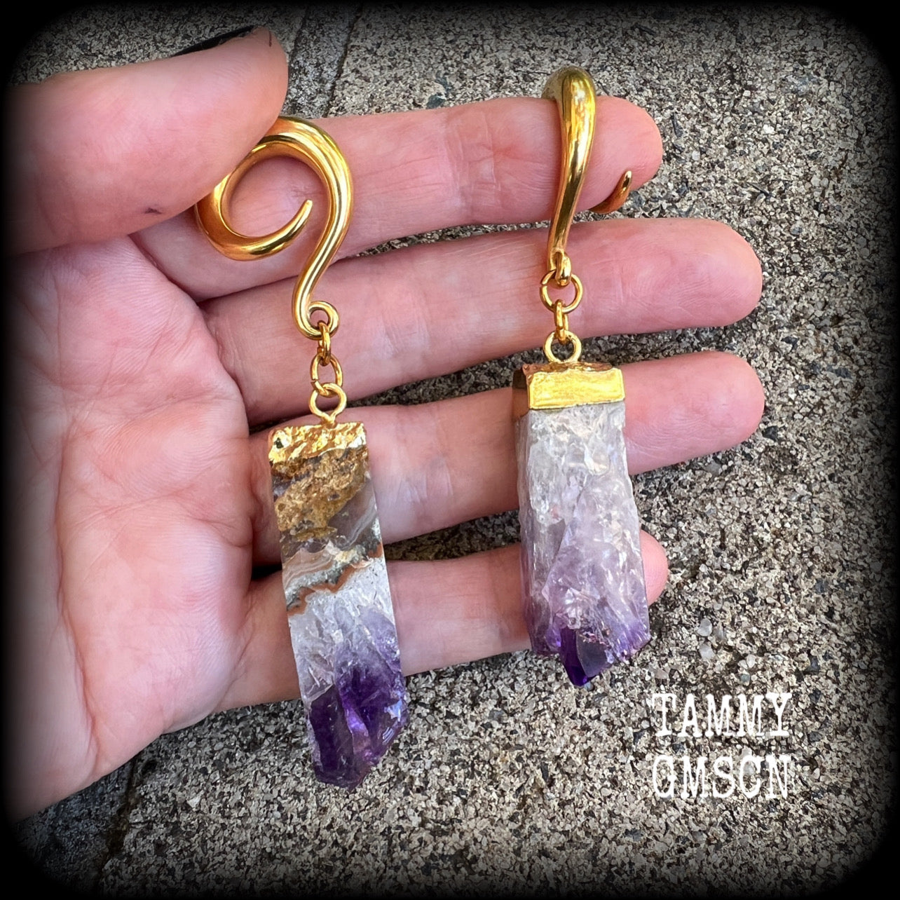 Raw Amethyst gauged earrings