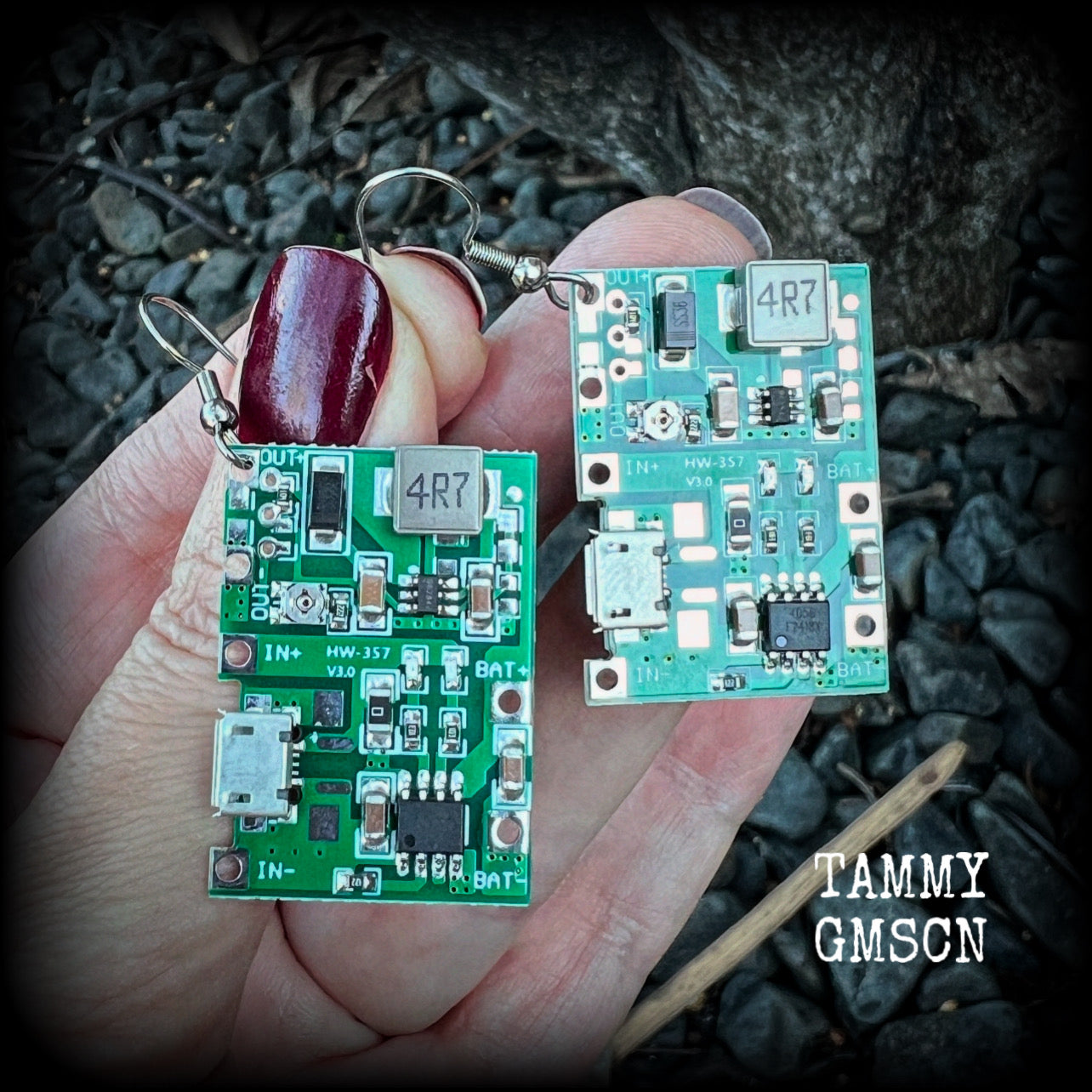 These awesome cyberpunk circuit board earrings measure just under 6 cms from tip to tip, and weigh only a few grams each, these are lovely and lightweight and not too dangly.

This pair has been made on stainless steel french hooks, to be worn in pierced ears.