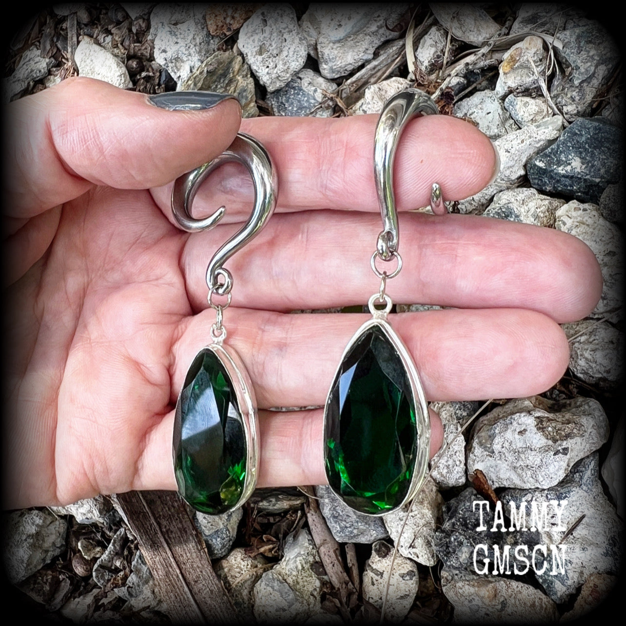 Emerald green gemstone gauged earrings-Teardrop earrings