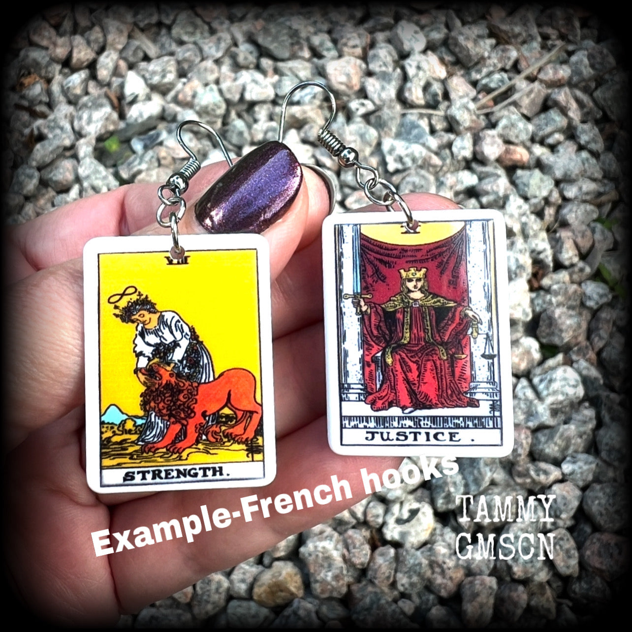 These classic Major Arcana earrings feature lightweight acrylic 'Strength' and ‘Justice’ tarot card charms, measuring just under 6cms from tip to tip, and weighing only a few grams each.

This pair has been made with stainless steel french hooks, suitable for pierced ears.