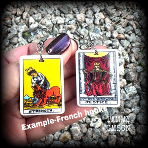 These classic Major Arcana earrings feature lightweight acrylic 'Strength' and ‘Justice’ tarot card charms, measuring just under 6cms from tip to tip, and weighing only a few grams each.

This pair has been made with stainless steel french hooks, suitable for pierced ears.