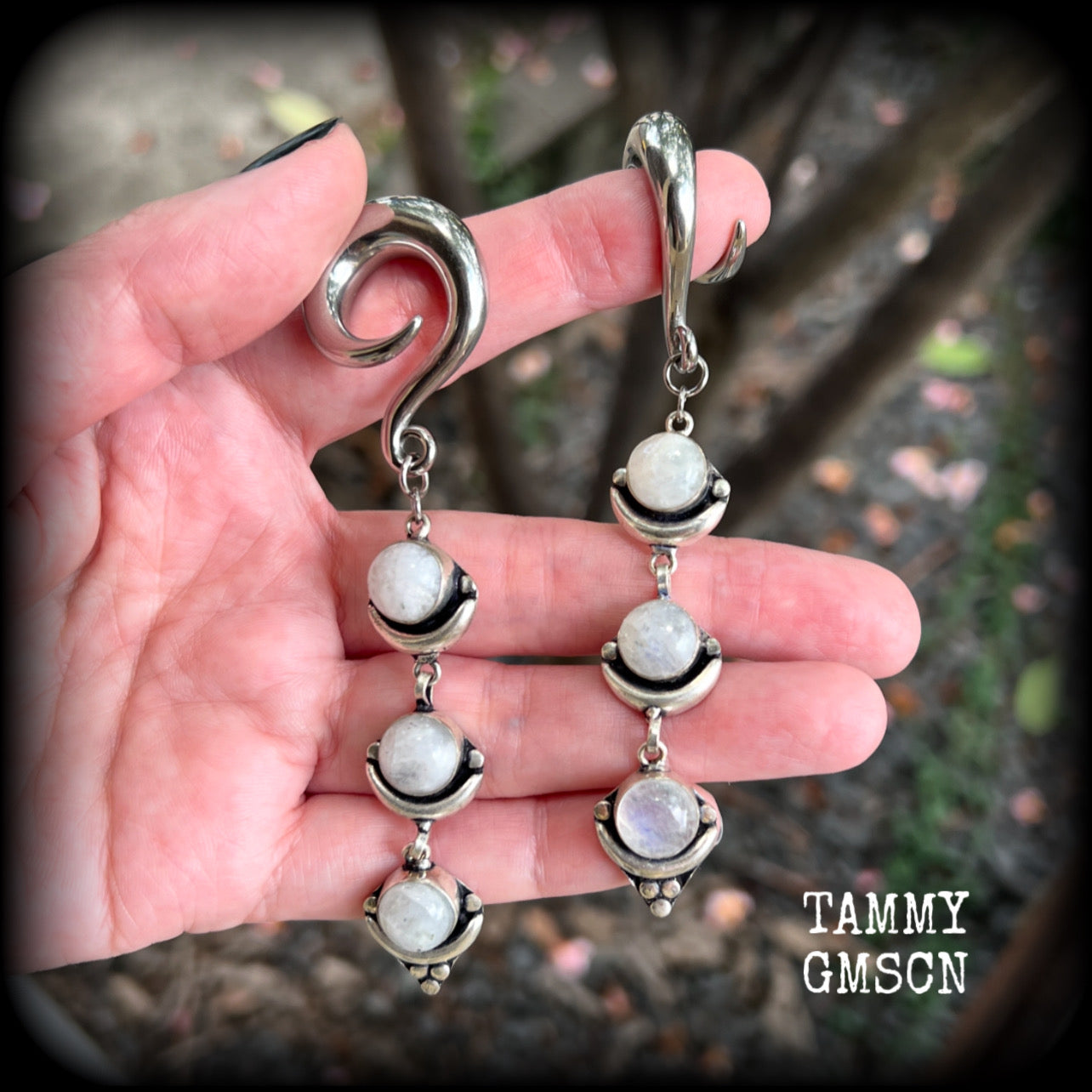 Rainbow moonstone gauged earrings-Gemstone ear gauges