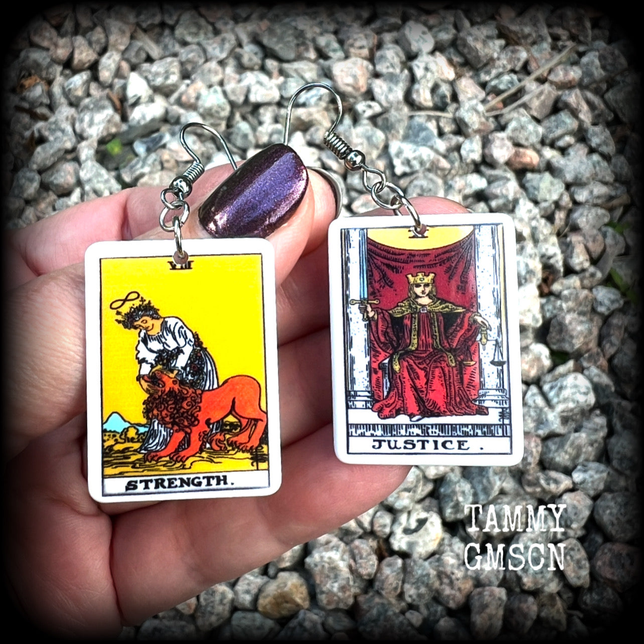 These classic Major Arcana earrings feature lightweight acrylic 'Strength' and ‘Justice’ tarot card charms, measuring just under 6cms from tip to tip, and weighing only a few grams each.

This pair has been made with stainless steel french hooks, suitable for pierced ears.
