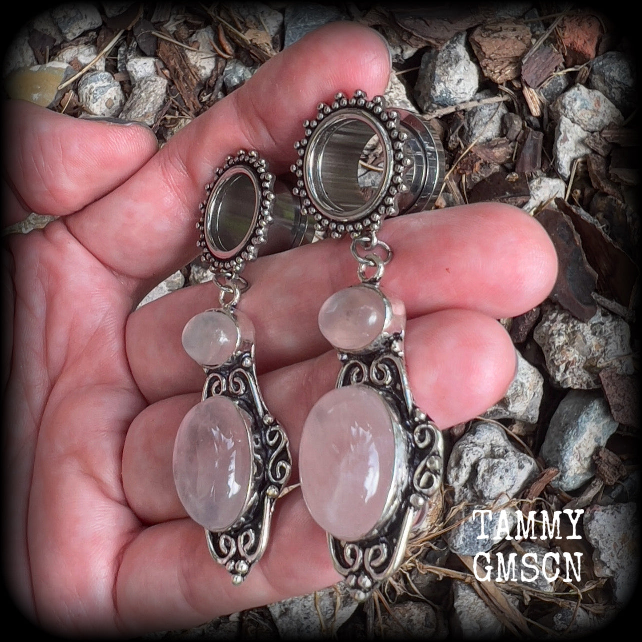 Ornate Rose quartz gemstone tunnel dangles-Gemstone gauges