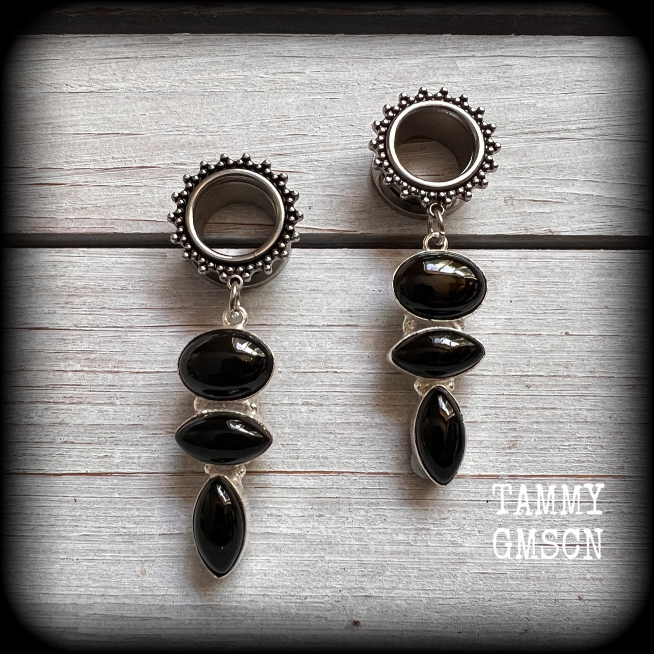 Black onyx tunnel dangles-Ornate tunnels