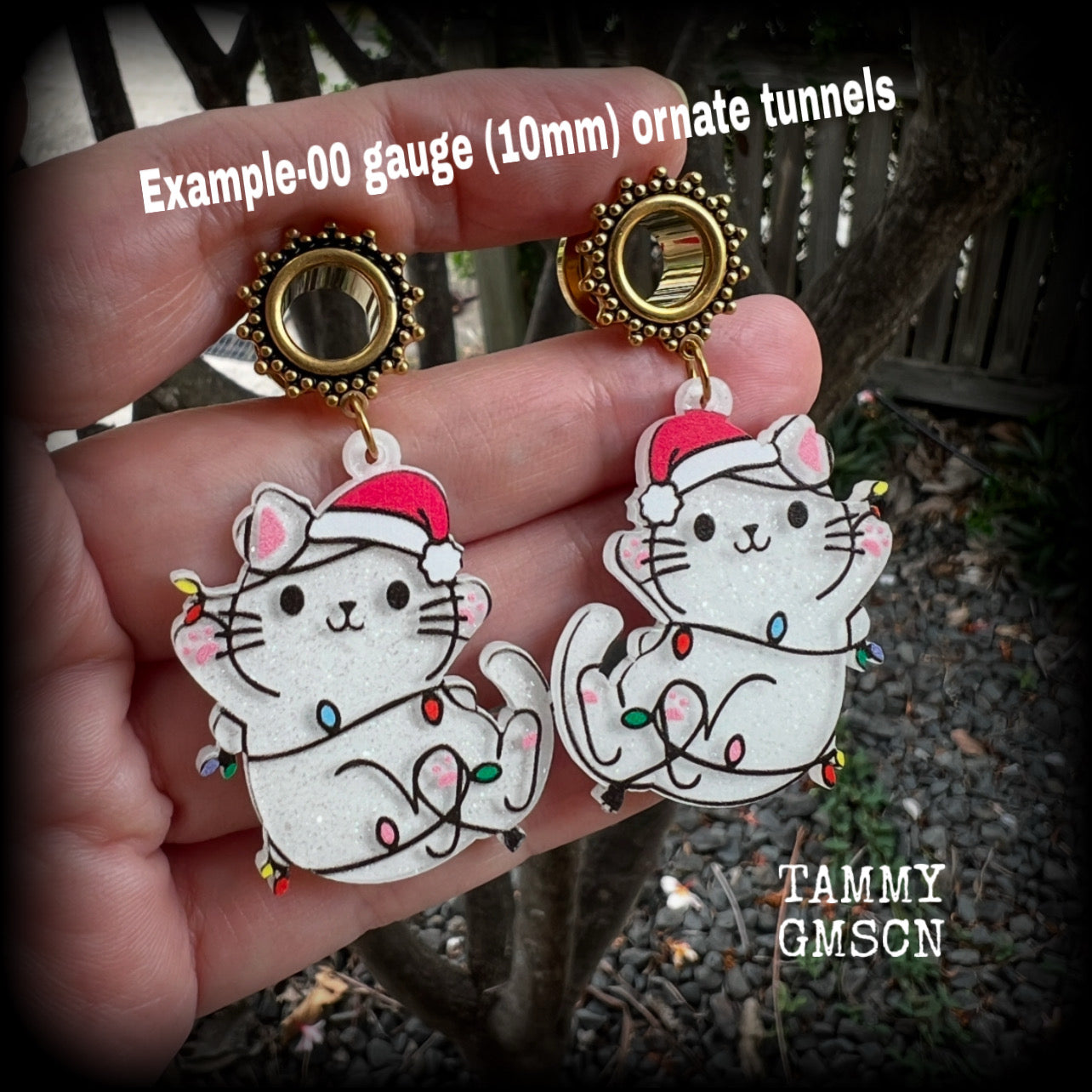 Christmas cat in Santa hat earrings-Christmas tree gauged earrings