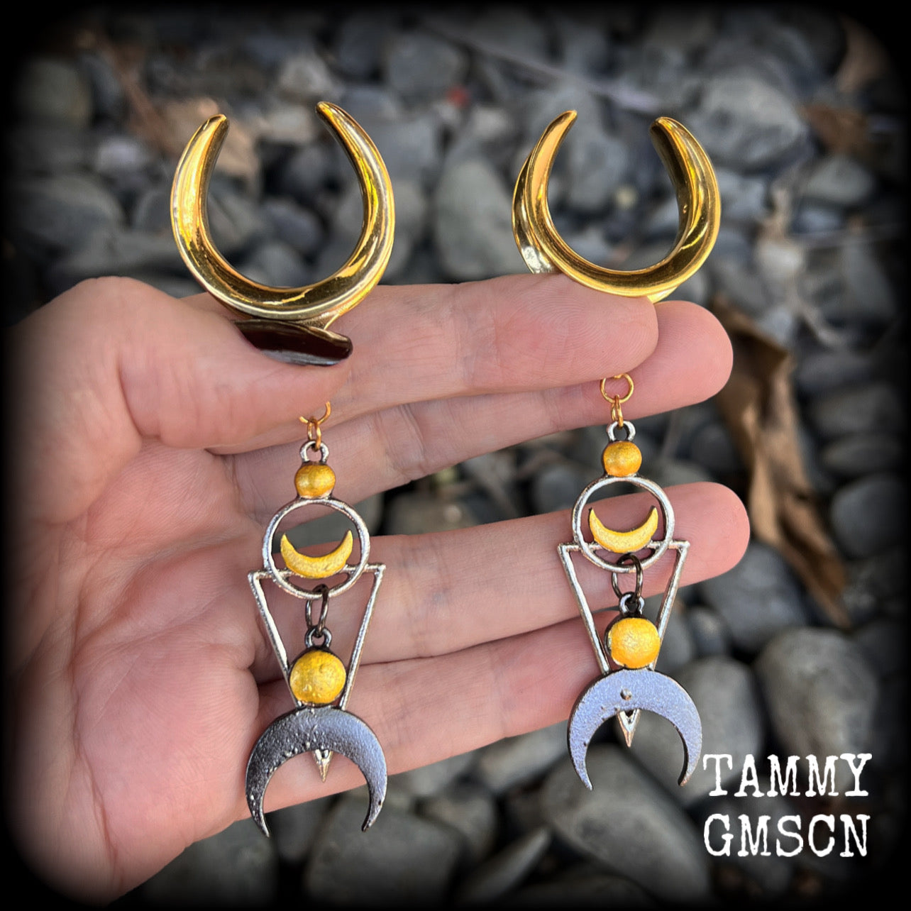 Crescent moon and inverted triangle hanging gauges-Occult gauges