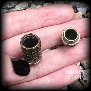 Tibetan ashes urn Sanskrit stash pot 2 gauge ear weights Snap ring ear weights Clickers Pet ashes Animal ashes Secret stash pot