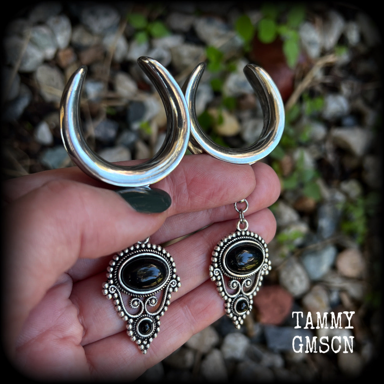 These beautiful boho gypsy ear hangers have been made with gorgeous pitch black obsidian gemstones in an antique silver boho setting, lovely and dangly at 8.5cm from tip to tip, and weighing approx 15 grams each.

These earrings have been made on 1.18” gauge (30mm) surgical steel cradles, to be worn in stretched lobes.