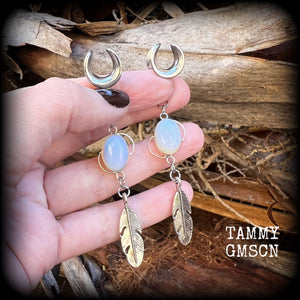 Opalite ear hangers Feather ear weights Gauged earrings Body jewelry Goddess jewelry Gypsy boho 6g 2g 0g 00g 1/2” 9/16” 5/8” 3/4" 7/8" 1” 1.10” 1.18” Stretched ears Stretched lobes Gauged ears Spiral goddess Gemstone ear weights Wicca Pagan earrings