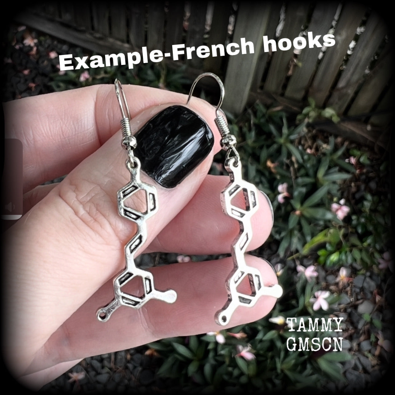 These awesome earrings feature red wine molecules, measuring just under 5cms from tip to tip, and are nice and lightweight, weighing only a few grams each.

This pair have been made with stainless steel french hooks, suitable for pierced ears.