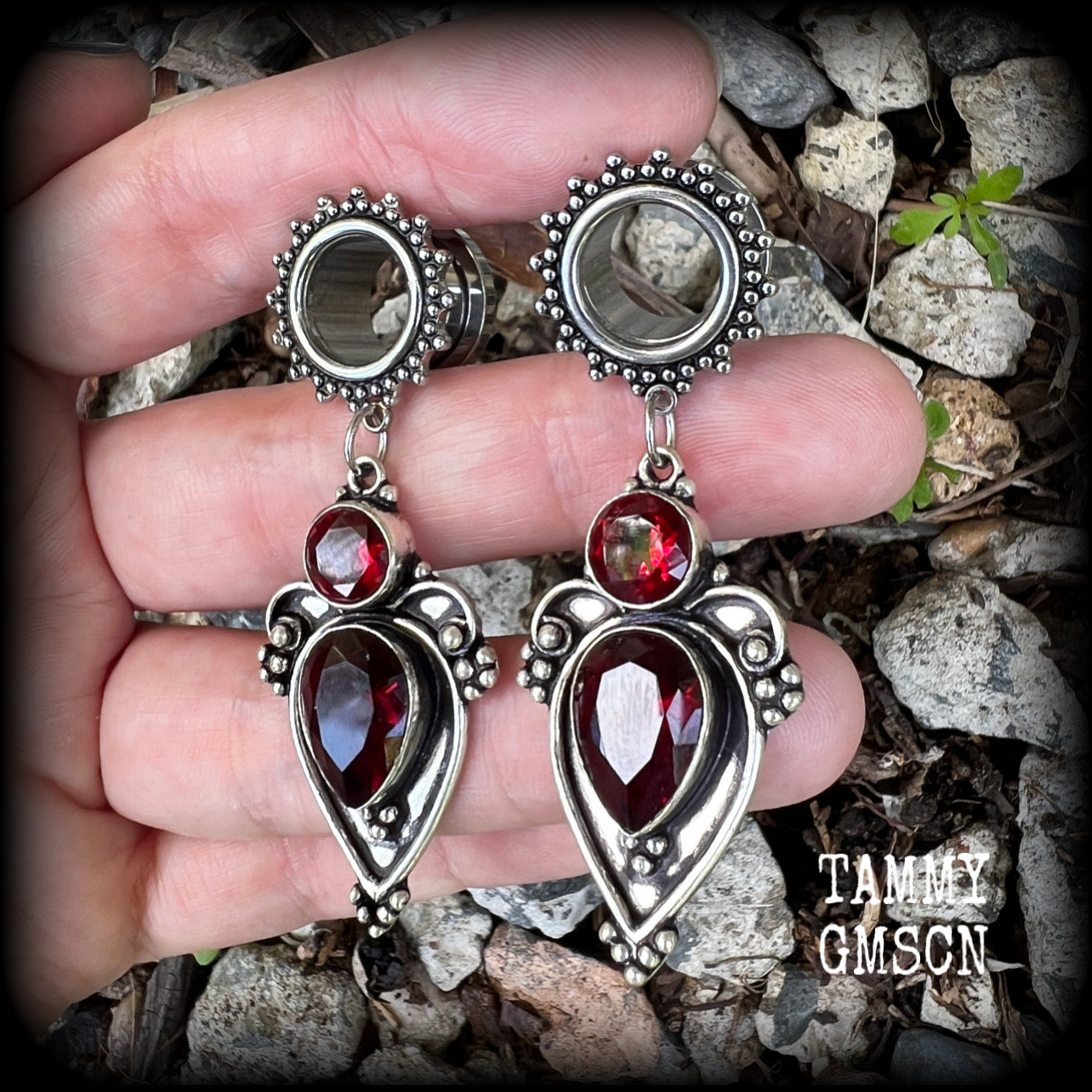 Beautiful deep red garnet gemstones in a gorgeous boho antique silver setting, made on ornate tunnel earrings for stretched lobes, available on a range of hooks and clasps for pierced ears and stretched lobes.