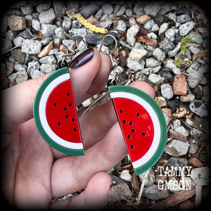 Watermelon earrings Fruit earrings Kitsch earrings Retro earrings Tunnels MCM jewelry Vegan Pierced ears Gauges Retro jewelry Fruit salad Gifts for vegans Novelty earrings Red earrings Bright earrings Colourful earrings Retro jewelry Kitsch jewelry