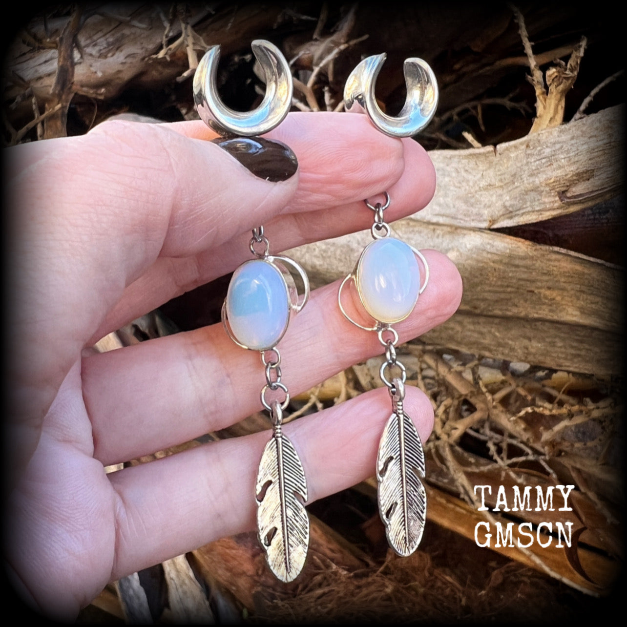 Opalite ear hangers Feather ear weights Gauged earrings Body jewelry Goddess jewelry Gypsy boho 6g 2g 0g 00g 1/2” 9/16” 5/8” 3/4" 7/8" 1” 1.10” 1.18” Stretched ears Stretched lobes Gauged ears Spiral goddess Gemstone ear weights Wicca Pagan earrings