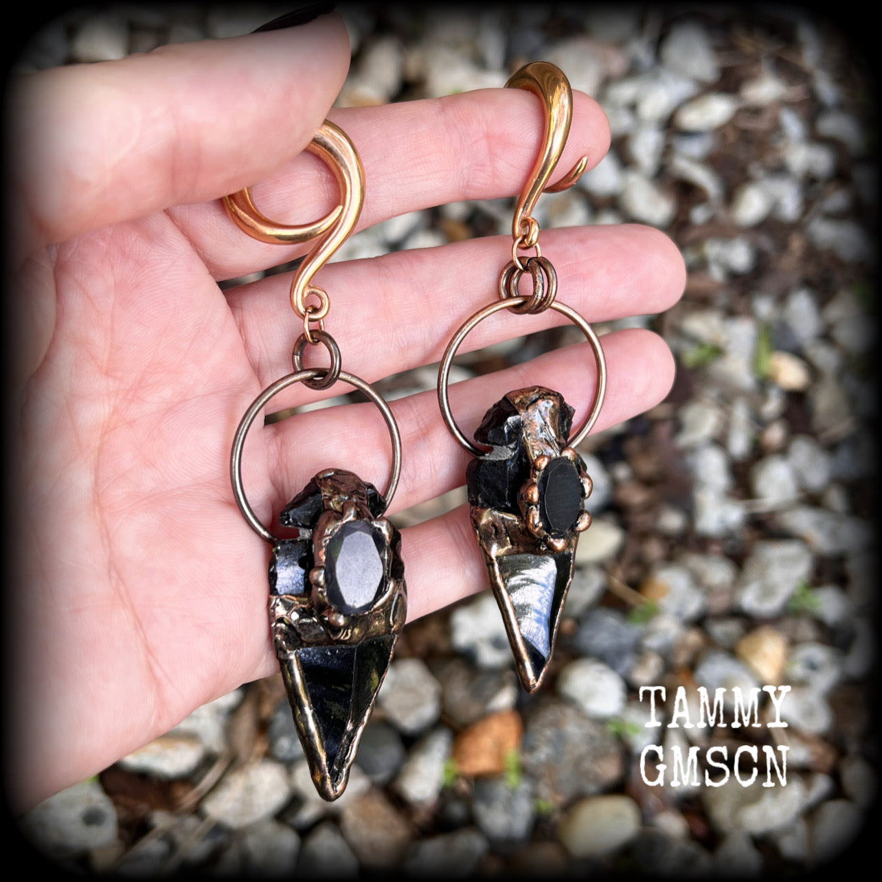 Black obsidian arrowhead gauged earrings-Gemstone ear weights