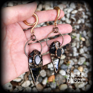 Black obsidian arrowhead gauged earrings-Gemstone ear weights