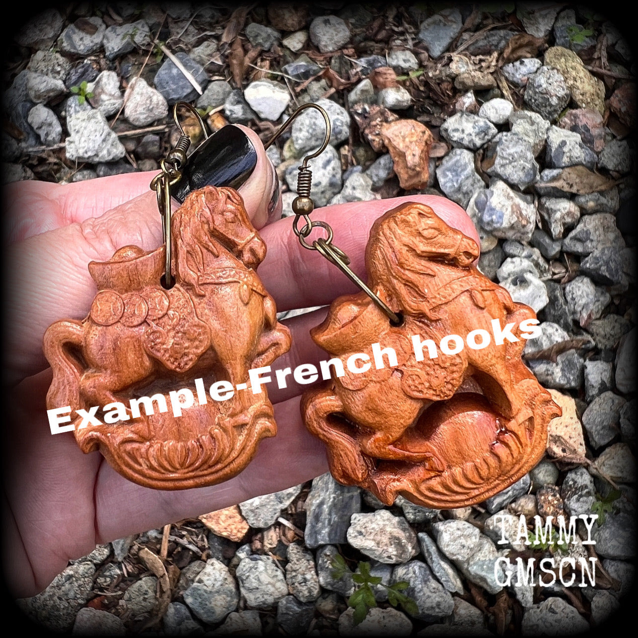 Carved wood horse earrings Chinese zodiac earrings Year of the horse Wood earrings Stretched lobes Body jewelry Pierced ears Gauges Ear hangers